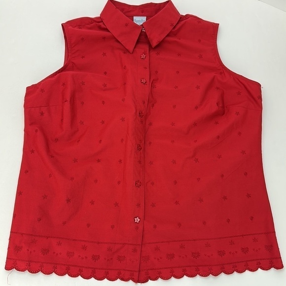 Cascade Blues Red Sleeveless Eyelet Button Shirt 1X Star Embroidery and Buttons - Picture 2 of 12